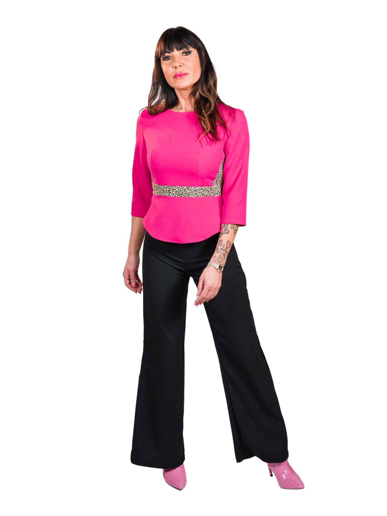 Fuchsia geometric lines blouse with patterned insert
