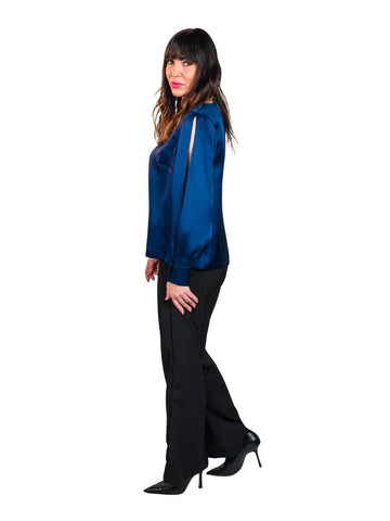 Iridescent blue blouse, soft line, slit sleeves